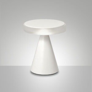 Petite lampe a poser LED geometrique conique blanc mat 20 cm.