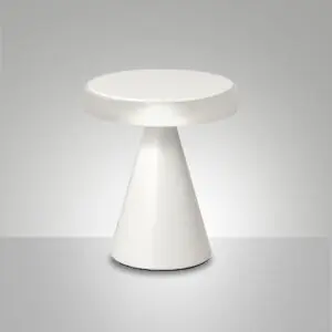 Petite lampe a poser LED geometrique conique blanc mat 20 cm.