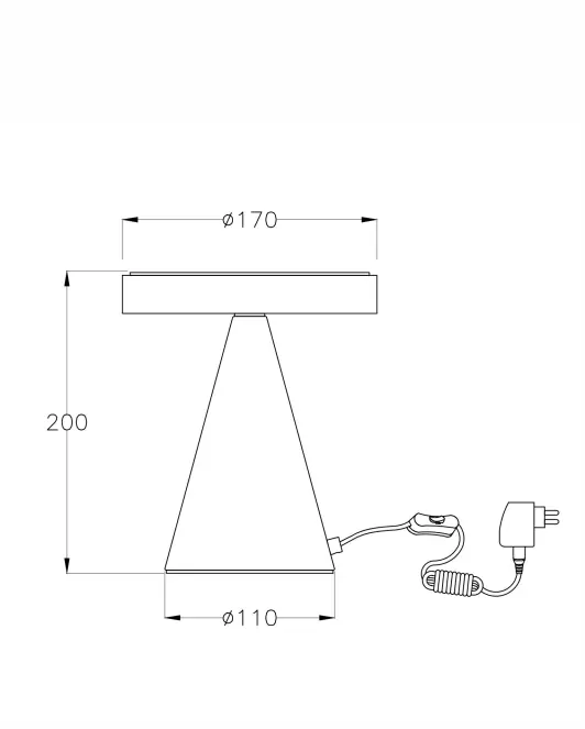 Schema des dimensions de la petite lampe a poser conique 20 cm.
