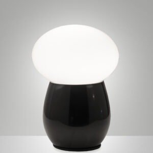 Lampe a poser champignon avec pied noir brillant et dome en verre opalin blanc.