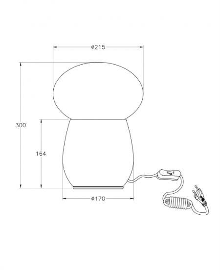 Schema des dimensions de la lampe champignon noir et opalin 30 cm.