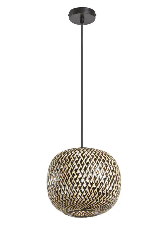 Grande suspension boule en bambou tresse bicolore noir et naturel.