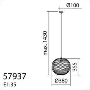Schema des dimensions de la grande suspension en bambou tresse.