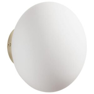 Plafonnier globe en verre opalin blanc et socle en laiton brosse de 22 cm.