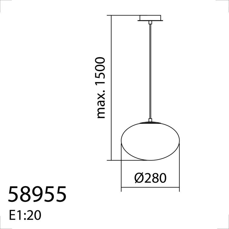 Schema des dimensions de la suspension galet en verre opalin 28 cm.