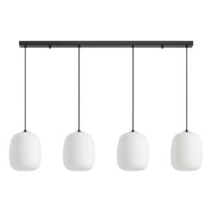 Suspension reglette rectangulaire noire avec 4 domes alignes en verre opalin blanc.