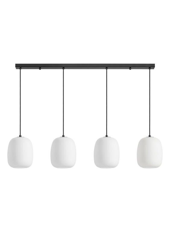 Suspension reglette rectangulaire noire avec 4 domes alignes en verre opalin blanc.