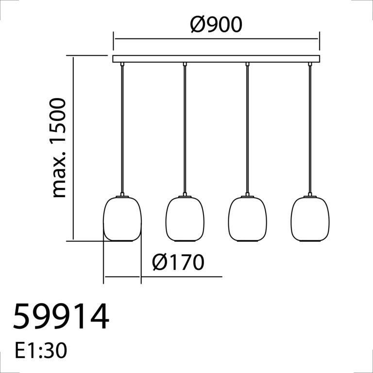 Schema des dimensions de la suspension reglette 4 domes 90 cm.
