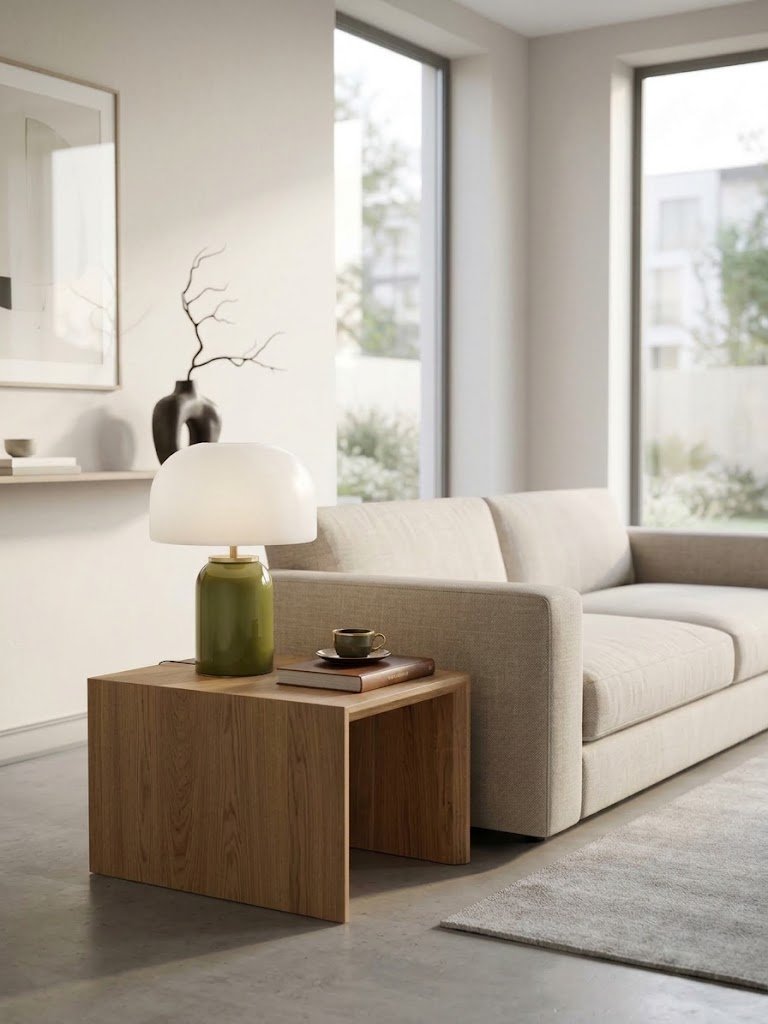 Lampe champignon en verre vert allumee sur un buffet en bois.