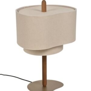 Lampe a poser galet en tissu ecru et pied en bois teinte de 60 cm.