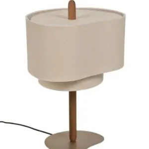 Lampe a poser galet en tissu ecru et pied en bois teinte de 60 cm.