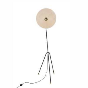 Lampadaire disque en tissu retro orientable sur trepied en metal noir et laiton.
