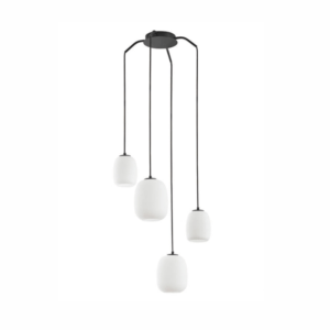 Grande suspension cascade en verre opalin blanc a 4 dômes suspendus.