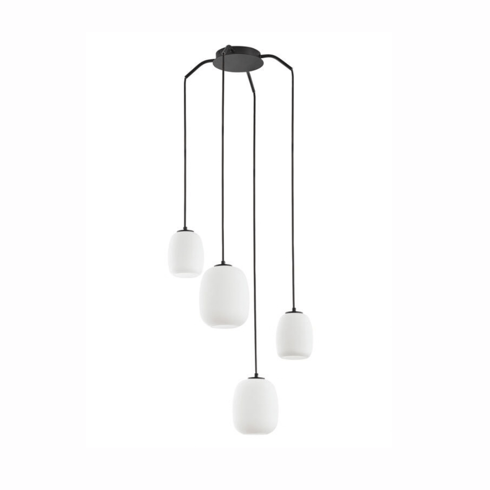 Grande suspension cascade en verre opalin blanc a 4 dômes suspendus.
