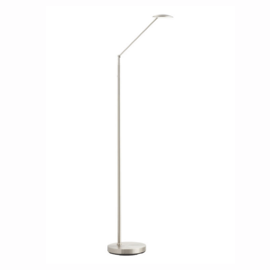 Lampadaire liseuse LED articule en metal nickel brosse avec tete disque plate.