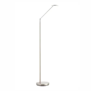Lampadaire liseuse LED articule en metal nickel brosse avec tete disque plate.