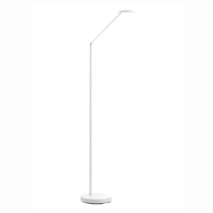 Lampadaire liseuse LED articule en metal blanc mat avec tete disque plate.
