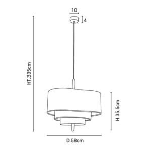 Schema des dimensions de la suspension galet en tissu 58 cm.