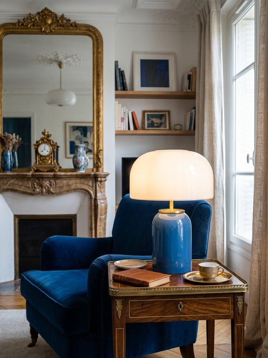 Lampe champignon en verre bleu allumee sur un buffet en bois.