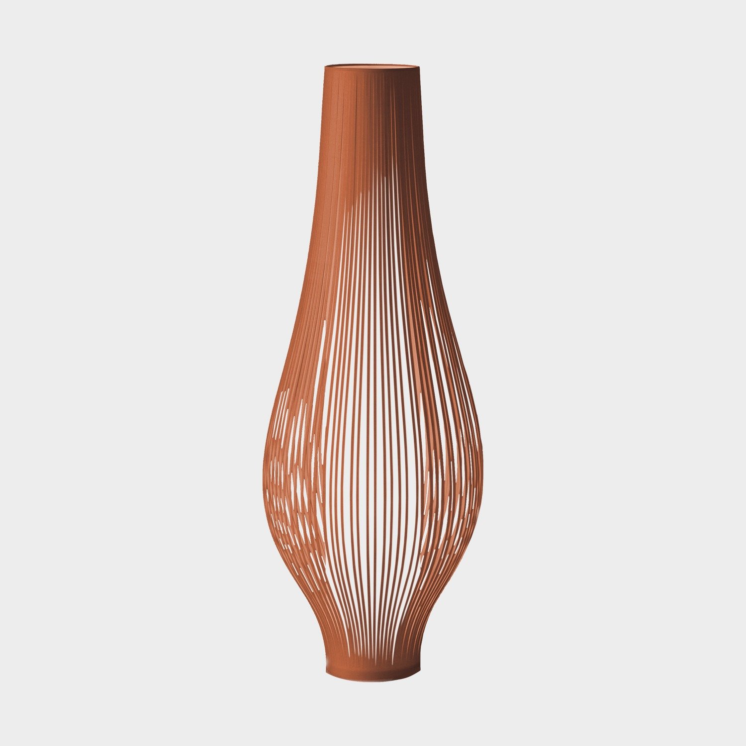 Grand lampadaire de sol ajoure en forme d'amphore couleur tuile terracotta.