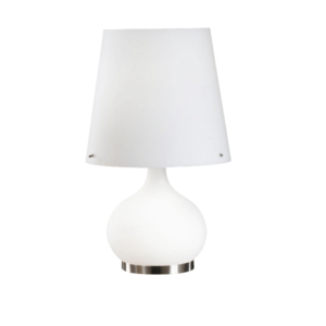 Lampe a poser avec pied lumineux et abat-jour en verre opalin blanc sur socle metal.