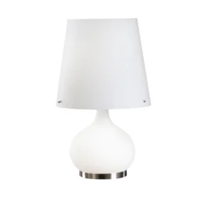 Lampe a poser avec pied lumineux et abat-jour en verre opalin blanc sur socle metal.
