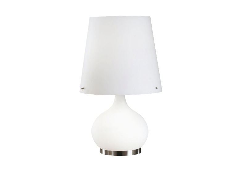 Lampe a poser avec pied lumineux et abat-jour en verre opalin blanc sur socle metal.