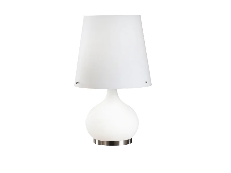 Lampe a poser avec pied lumineux et abat-jour en verre opalin blanc sur socle metal.
