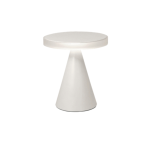 Lampe a poser LED géometrique en forme de cone et disque blanc mat.