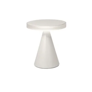 Lampe a poser LED géometrique en forme de cone et disque blanc mat.