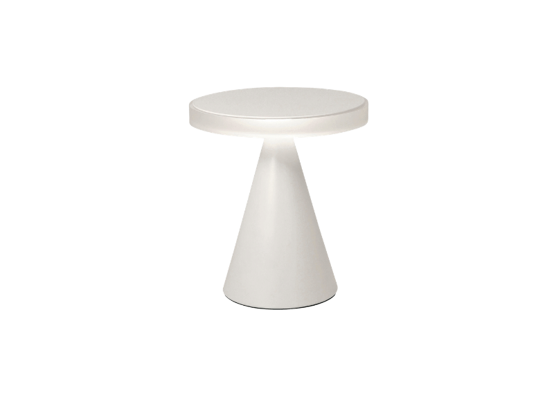 Lampe a poser LED géometrique en forme de cone et disque blanc mat.