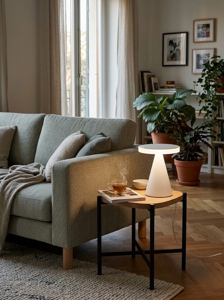 Lampe a poser conique LED allumee sur une table basse a cote d'un canape pres de Royan.