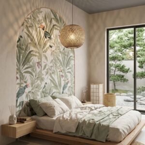 Grande suspension en bambou tresse allumee dans une chambre pres de Royan.