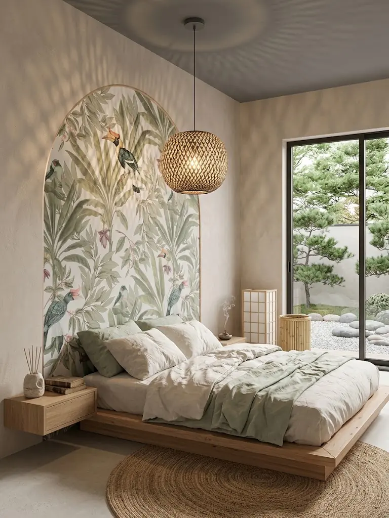Grande suspension en bambou tresse allumee dans une chambre pres de Royan.