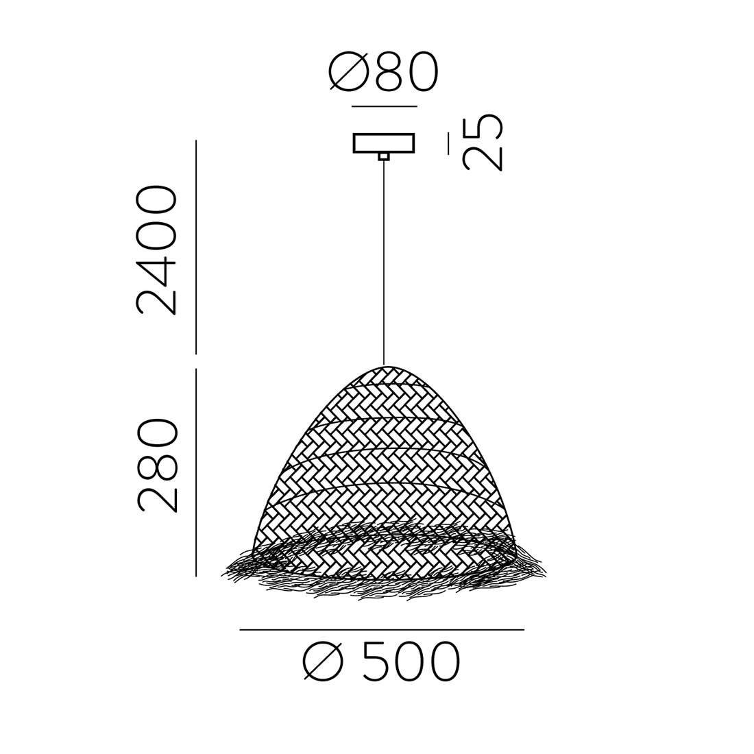 Schema des dimensions de la suspension en raphia 50 cm.