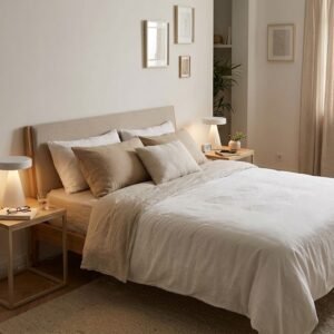 Petite lampe conique LED allumee sur une table de chevet dans une chambre pres de Royan.