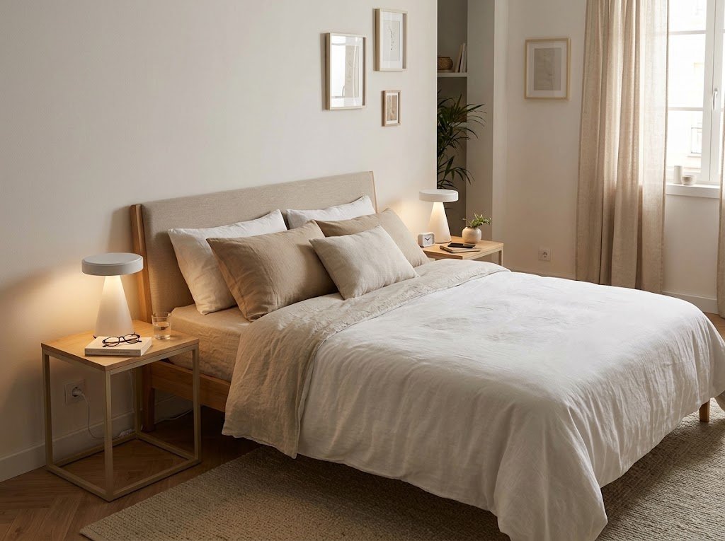 Petite lampe conique LED allumee sur une table de chevet dans une chambre pres de Royan.