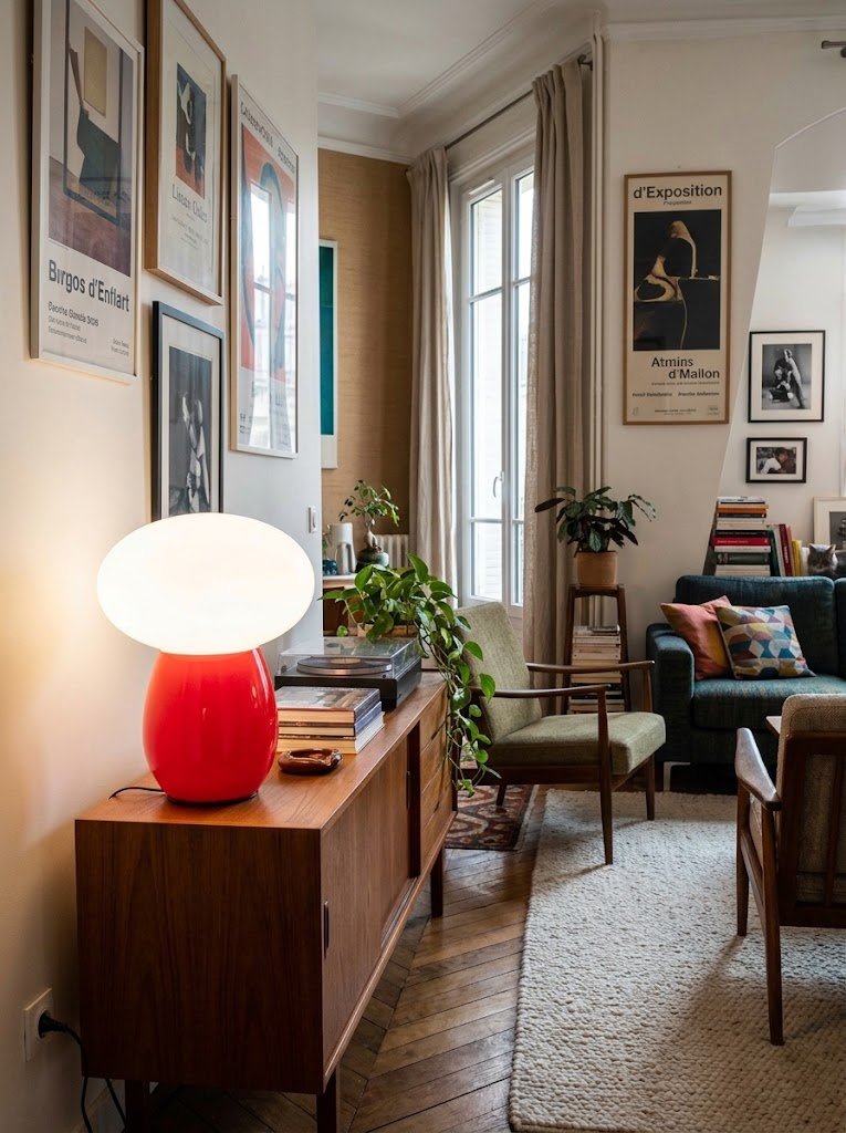 Lampe champignon rouge et opaline allumee sur un meuble clair pres de Royan.