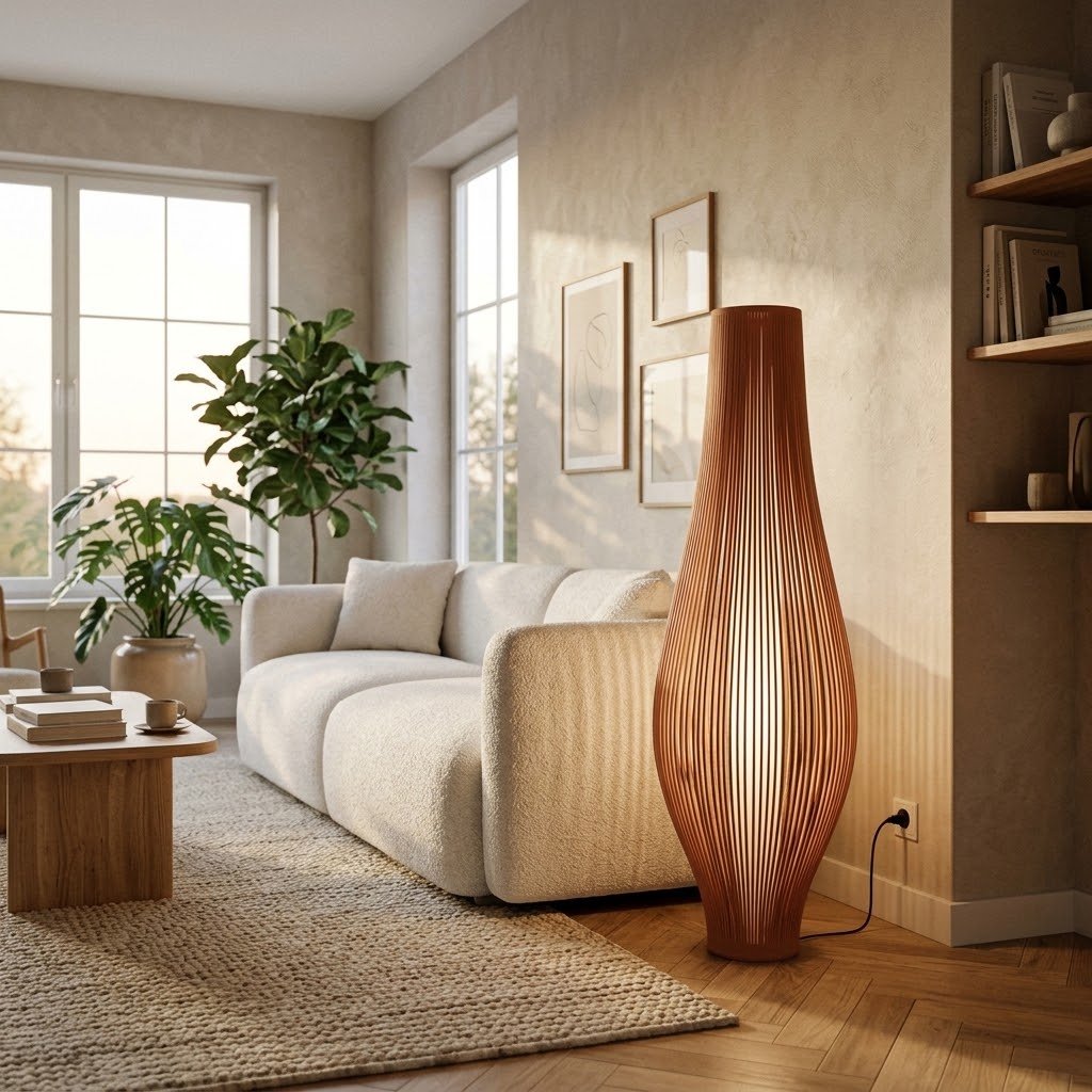 Lampadaire de sol terracotta allume dans un salon contemporain pres de Royan.