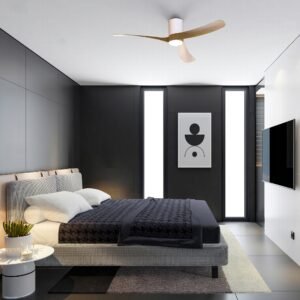 Ventilateur de plafond effet bois allumé dans une chambre contemporaine près de Royan.