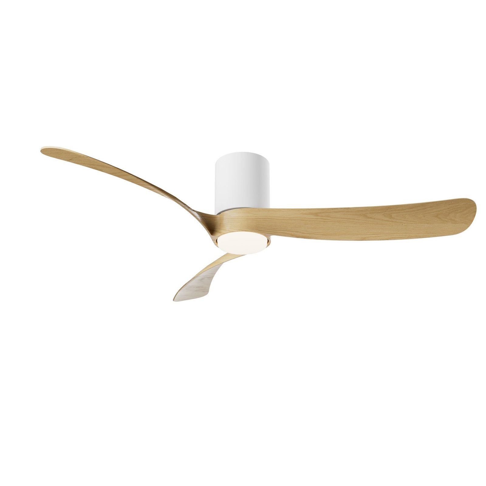 Ventilateur de plafond moderne blanc mat avec 3 pales couleur bois clair sculpté.