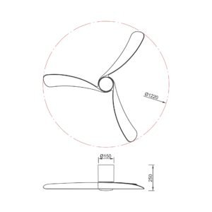 Schema des dimensions du ventilateur de plafond pales bois et bloc blanc.