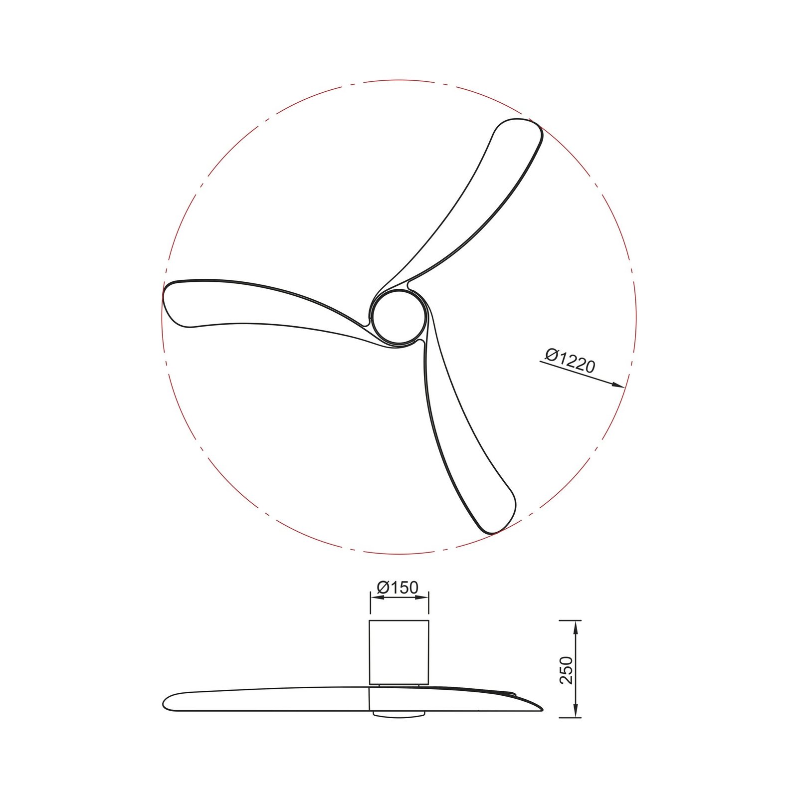 Schema des dimensions du ventilateur de plafond pales bois et bloc blanc.