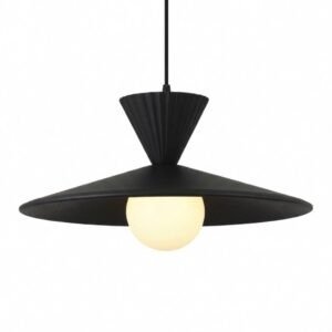 Suspension sculpturale en ceramique noir mat avec cone plisse et globe en verre opalin blanc.