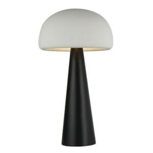 Lampe a poser champignon avec pied conique en metal sombre et dome blanc mat