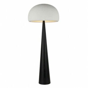 Grand lampadaire champignon avec pied conique en metal sombre et dome blanc mat.
