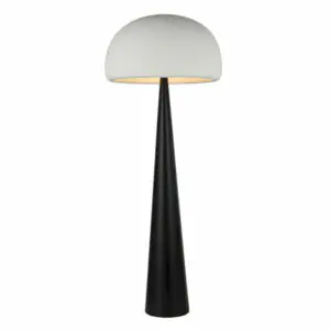 Grand lampadaire champignon avec pied conique en metal sombre et dome blanc mat.